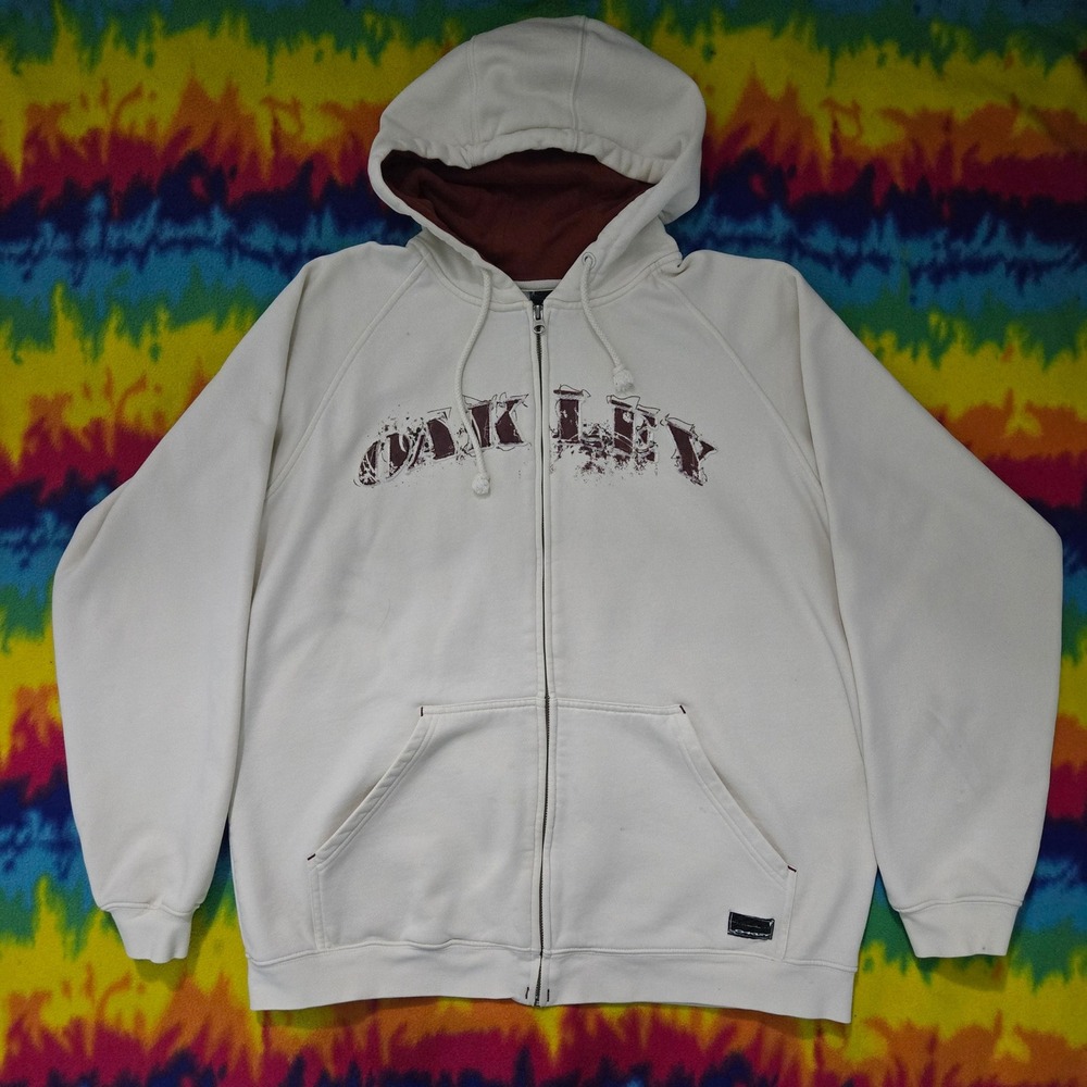 Y2K Oakley Mens Full Zip Hoodie Cream White Distressed Logo Full Zip Large